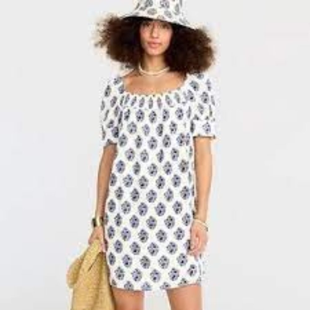 J. Crew Afternoon Dress. White and Blue Block Print.  EUC